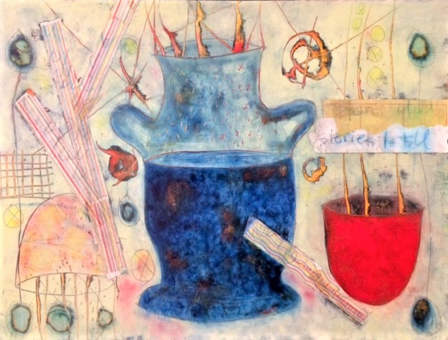 Painting with blue vase, red planter and abstract drawings, symbols on a mixed yellowish background
