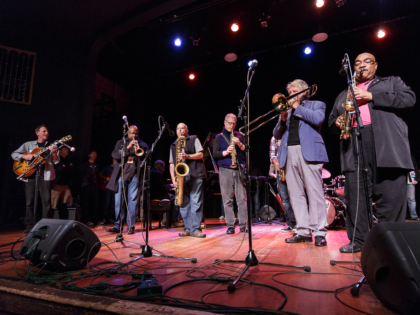 Faculty members perform at the end of the Sunday welcome and orientation session opening the 2012 Jazz Port Townsend workshop.
(l-r) Bruce Forman, Terell Stafford, Gary Smulyan, Jay Thomas, Jiggs Whigham, Jeff Clayton