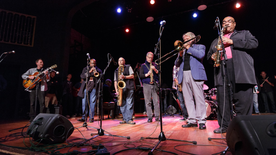 Faculty members perform at the end of the Sunday welcome and orientation session opening the 2012 Jazz Port Townsend workshop.
(l-r) Bruce Forman, Terell Stafford, Gary Smulyan, Jay Thomas, Jiggs Whigham, Jeff Clayton