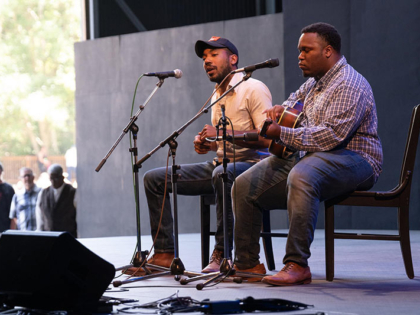 duo plays acoustic blues on stage at Fort Worden