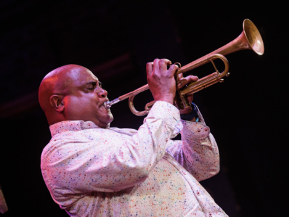 Trumpeter Terell Stafford, Tuesday afternoon Faculty Presents concert in Wheeler Theater for workshop participants, 2024 Jazz Port Townsend, With Patrick Bartely, alto sax;  Ben Wendel, tenor sax; Taylor Eigsti, piano; Carlos Henriquez, bass; Matt Wilson, drums.