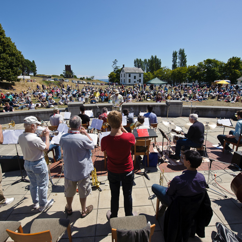 The Workshop Participant Big Band performs outside the Commons, under the direction of Clarence Acox, at the 2011 Centrum Jazz Port Townsend workshop.