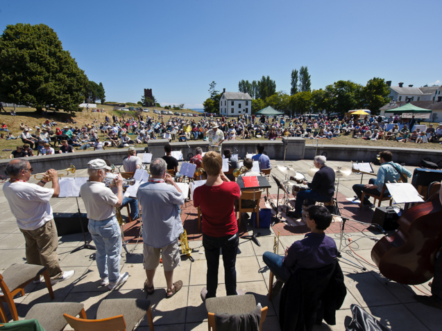 The Workshop Participant Big Band performs outside the Commons, under the direction of Clarence Acox, at the 2011 Centrum Jazz Port Townsend workshop.