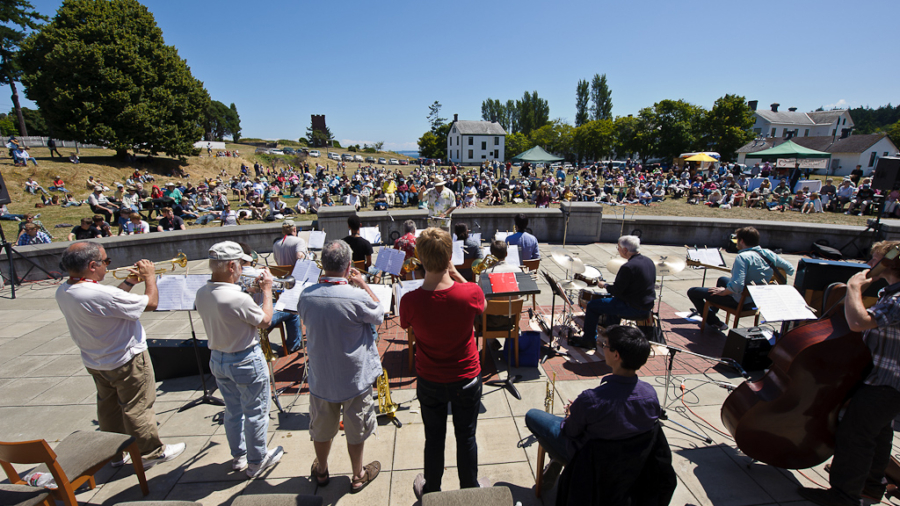 The Workshop Participant Big Band performs outside the Commons, under the direction of Clarence Acox, at the 2011 Centrum Jazz Port Townsend workshop.