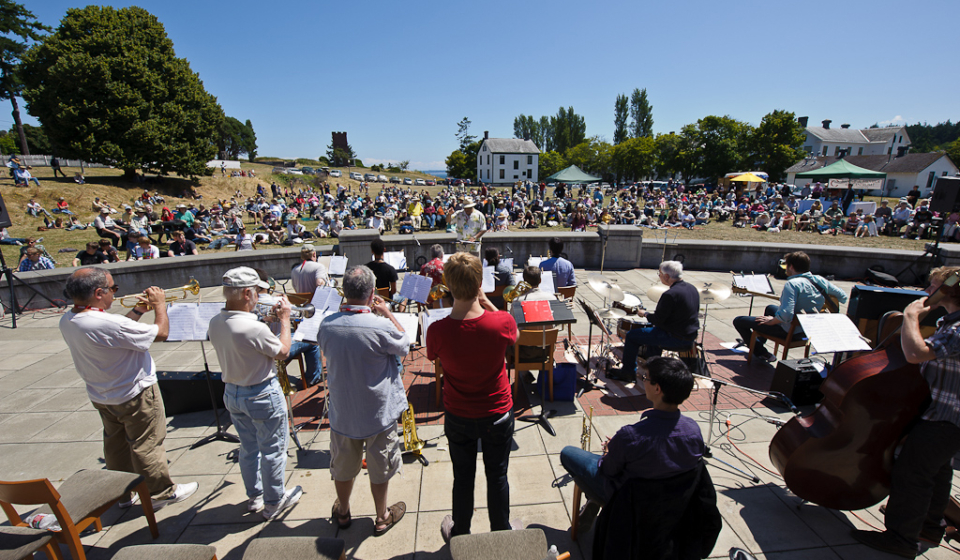 The Workshop Participant Big Band performs outside the Commons, under the direction of Clarence Acox, at the 2011 Centrum Jazz Port Townsend workshop.