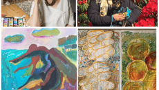 four photo squares, top left, Natalie Goldberg at desk with paintbrush, Top right, Martha Worthley holding dog in front of flower bush, bottom left, painting by Natalie Goldberg, bottom right, painting by Martha Worthley