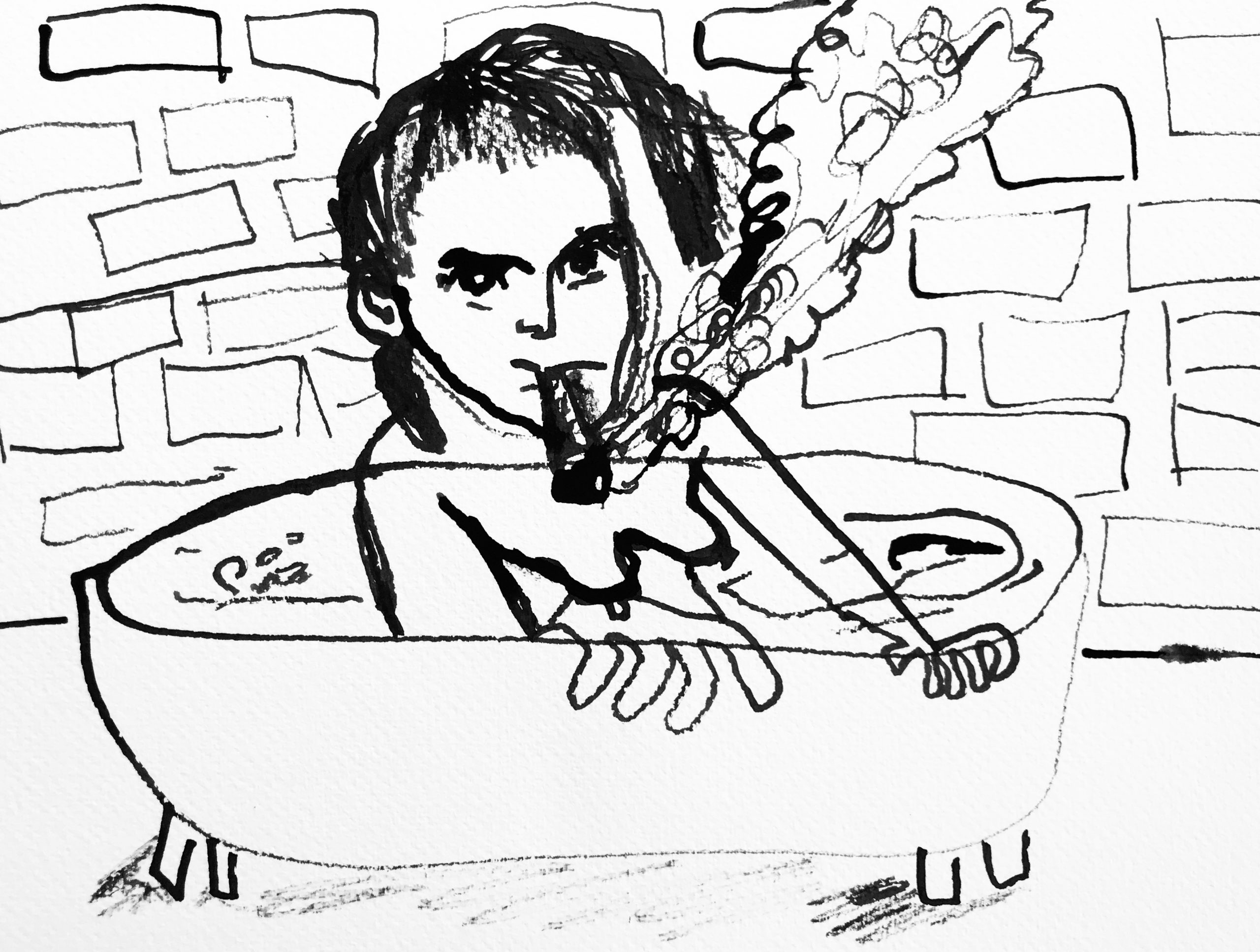 Black ink on white of person in tub smoking a cigar