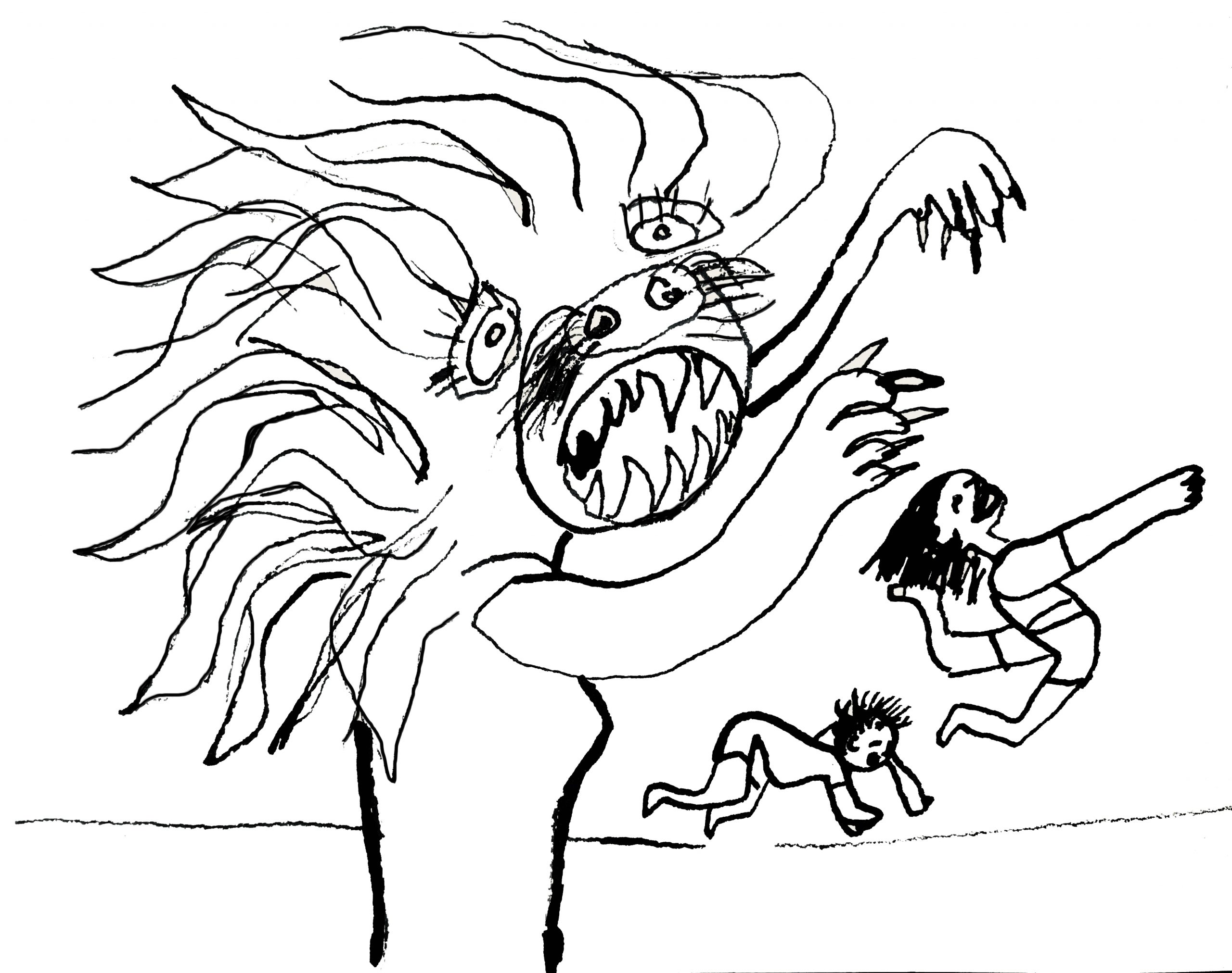black ink drawing of person with beast/monster head arms in the air next to small drawings of two children