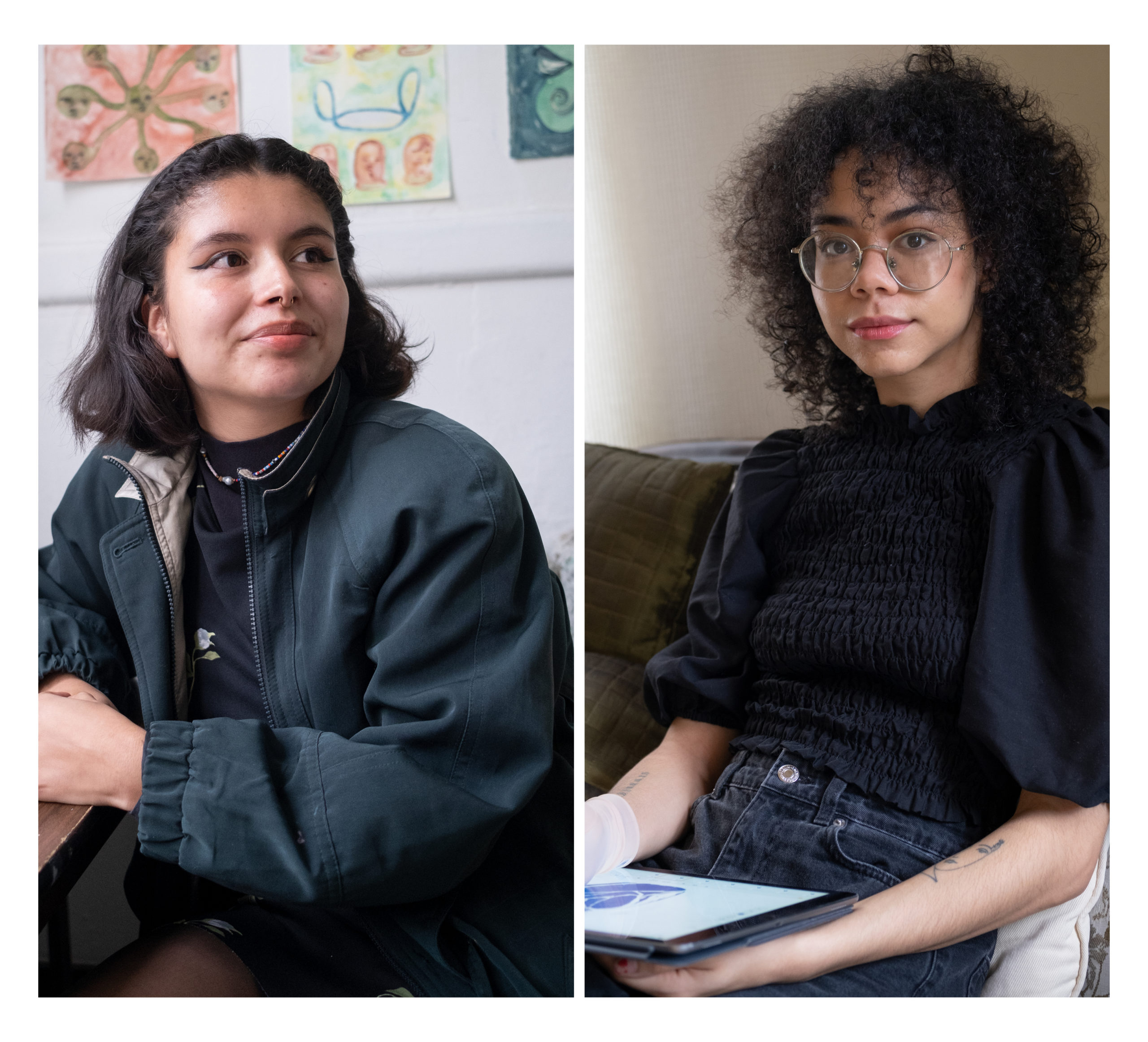 Two side by side photos, left is Laura Medina looking up to the right, and right image is Azali Ansar Muhammad sitting on a couch and looking at the camera.