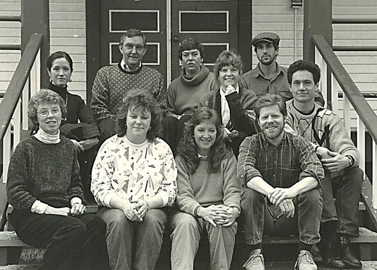 Peter McCracken (top right) with Centrum Founder, Joe Wheeler (top left) and Centrum staff, c.1984